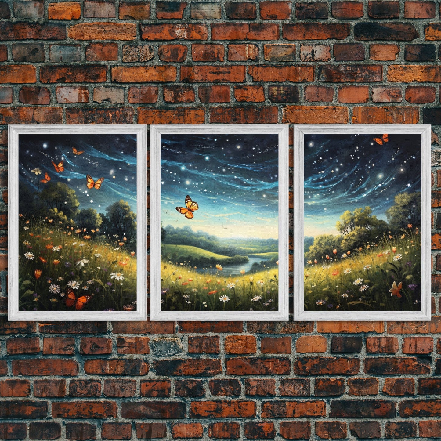 Wildflower Meadow. Wildflower Art, Canvas Print, Butterflies, Wall Art, 3 Piece Wall Art, Country Home Decor, Indie Room Decor, Room Decor