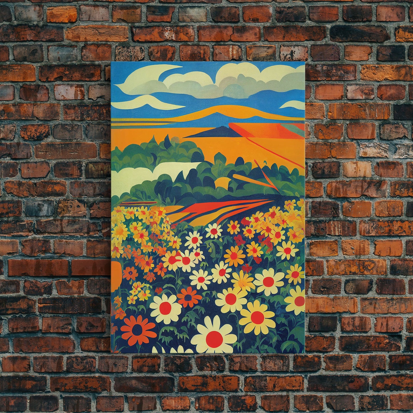 Surrealist field of daisy flowers, daisies, psychedelic art, Framed Canvas Print, Ready To Hang Framed Wall Art