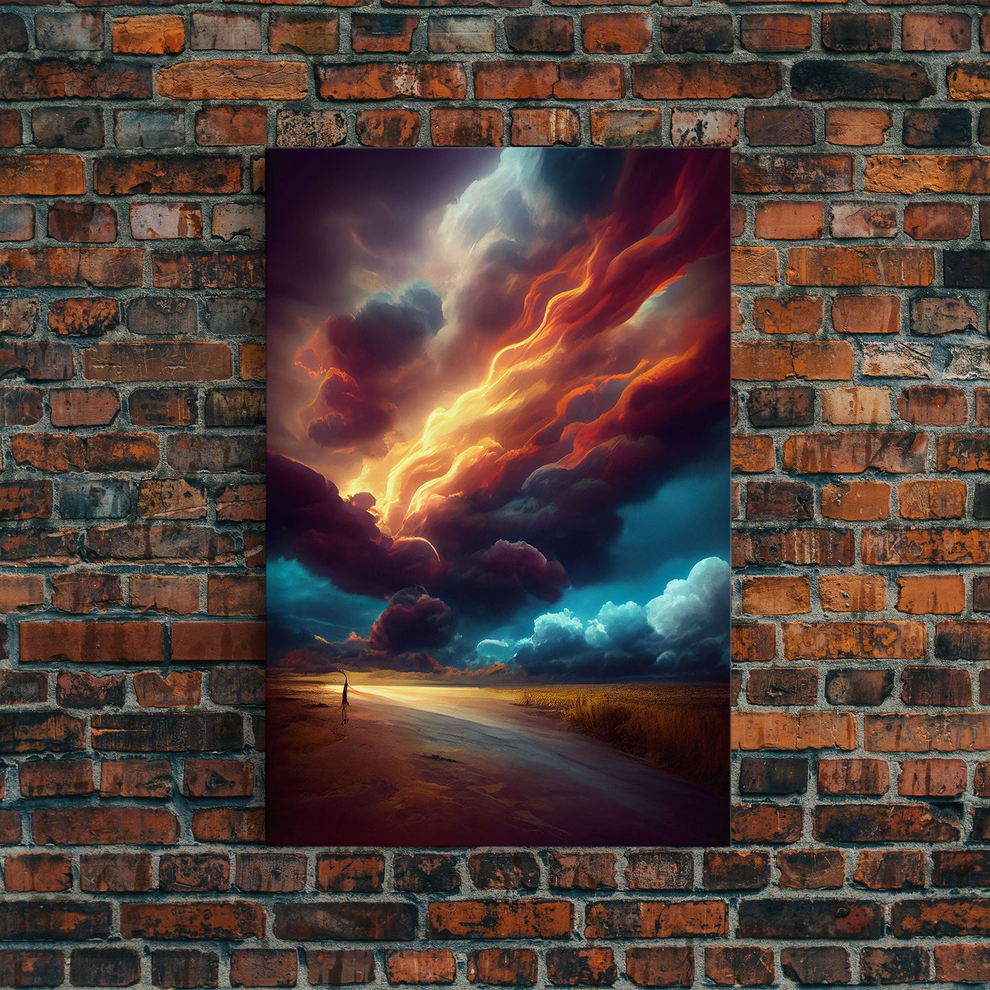 Watercolor painting canvas print of a thunder storm, gloomy wall art, golden hour, cool rain storm wall art