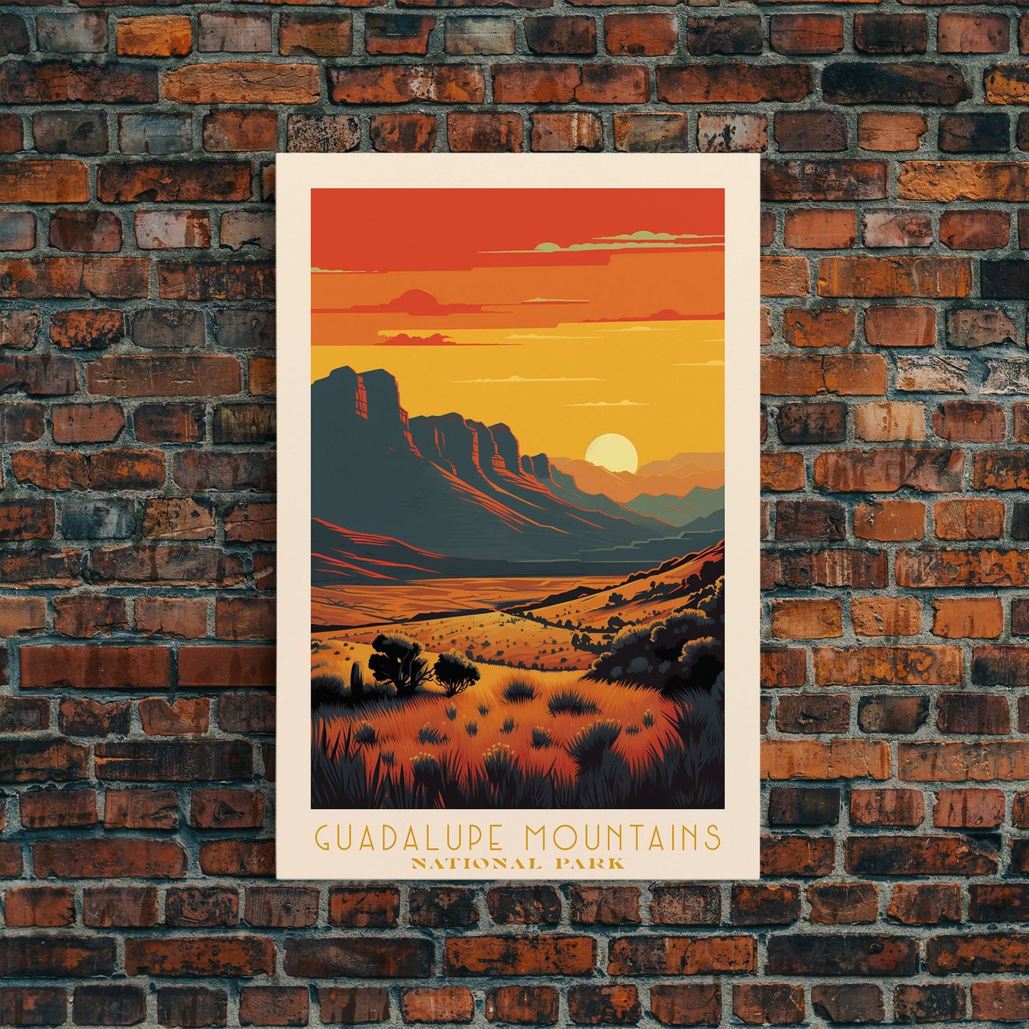 Guadalupe Mountains National Park Texas Travel Art, National Park Print, Minimalist Travel Art, Midcentury Modern Style Landscape Painting