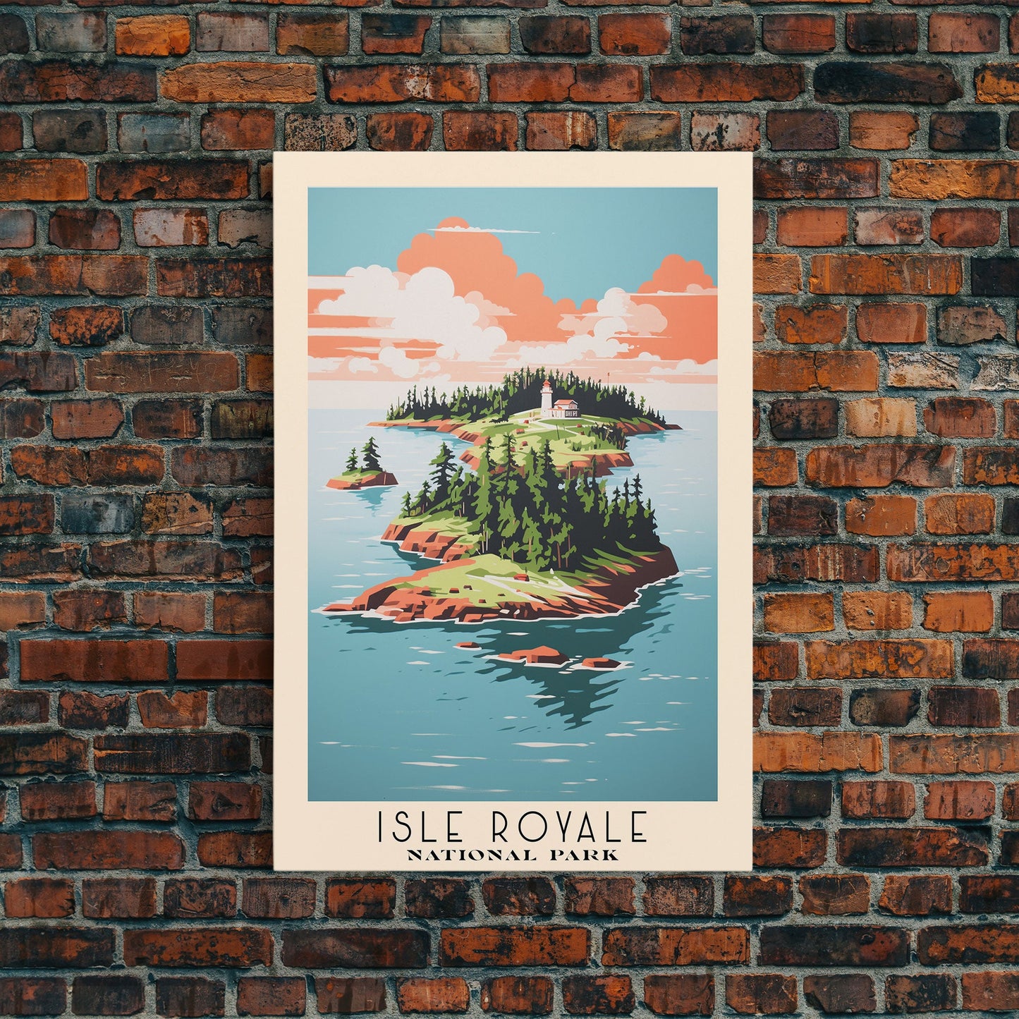Isle Royale National Park Michigan Travel Art, National Park Print, Minimalist Travel Art, Midcentury Modern Style Landscape Painting