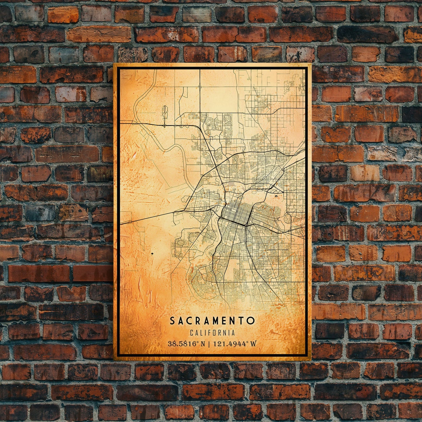 Vintage Sacramento map print poster or framed canvas | Sacramento city map print poster canvas | Sacramento, California print poster canvas