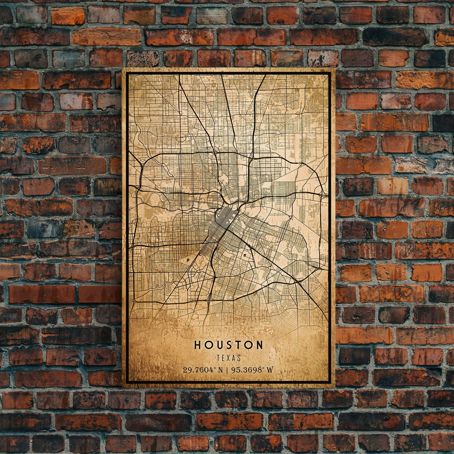 Houston Vintage Map Print, Framed Canvas, Houston Map, Texas Map Art, Houston City Road Map Poster, Vintage Map
