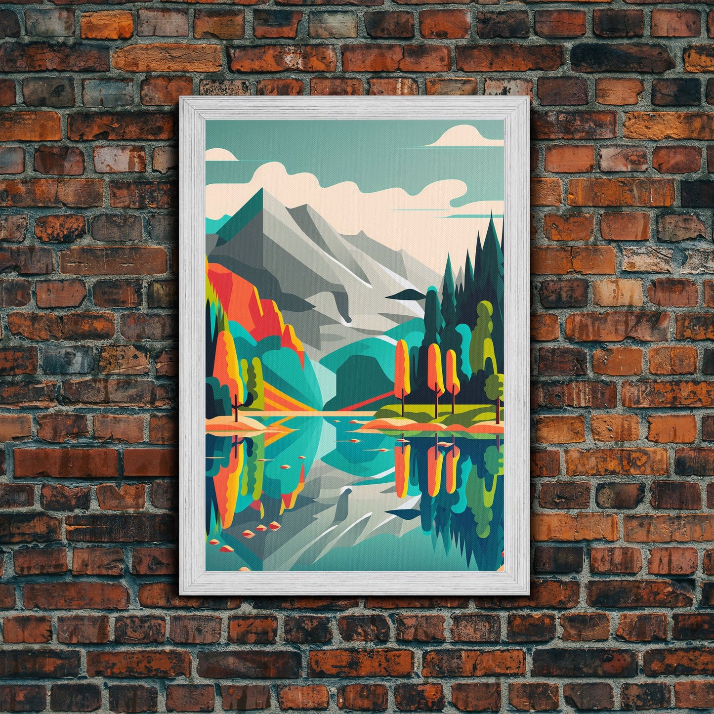 Retro Midcentury Style Wall Art, Framed Canvas Print, Colorful Wall Art, Mountain Landscape, Office Decor, Low Res Art