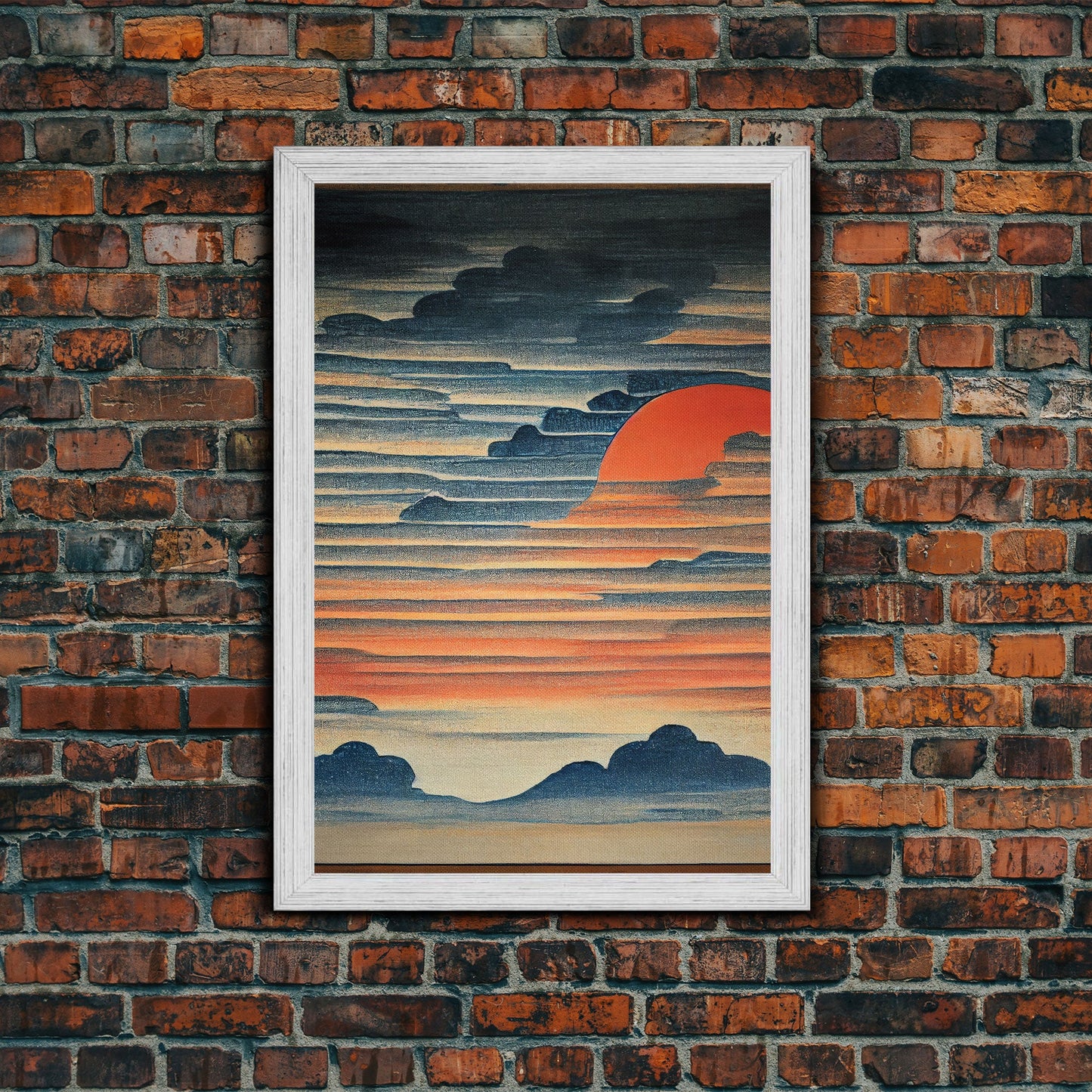 Japanese style wall art, sunrise over the mountains, canvas print, woodblock print style art, Hokusai style wall art