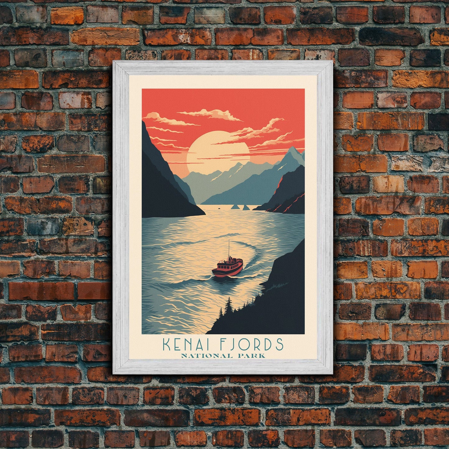 Kenai Fjords National Park Alaska Travel Art, National Park Print, Minimalist Travel Art, Midcentury Modern Style Landscape Painting