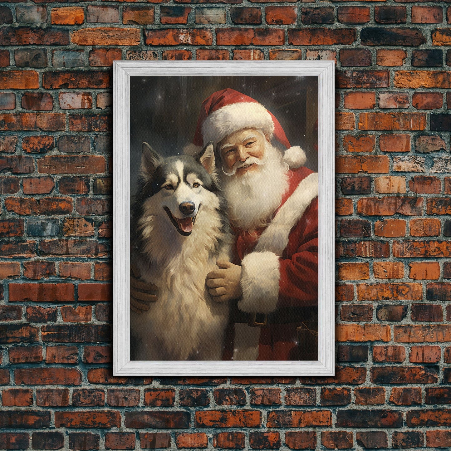 Santa Claus Holding An Alaskan Malamute,  Christmas Wall Art, Dog Gift, Christmas Dog, Winter Wall Art, Santa Decor, Santa Art Print