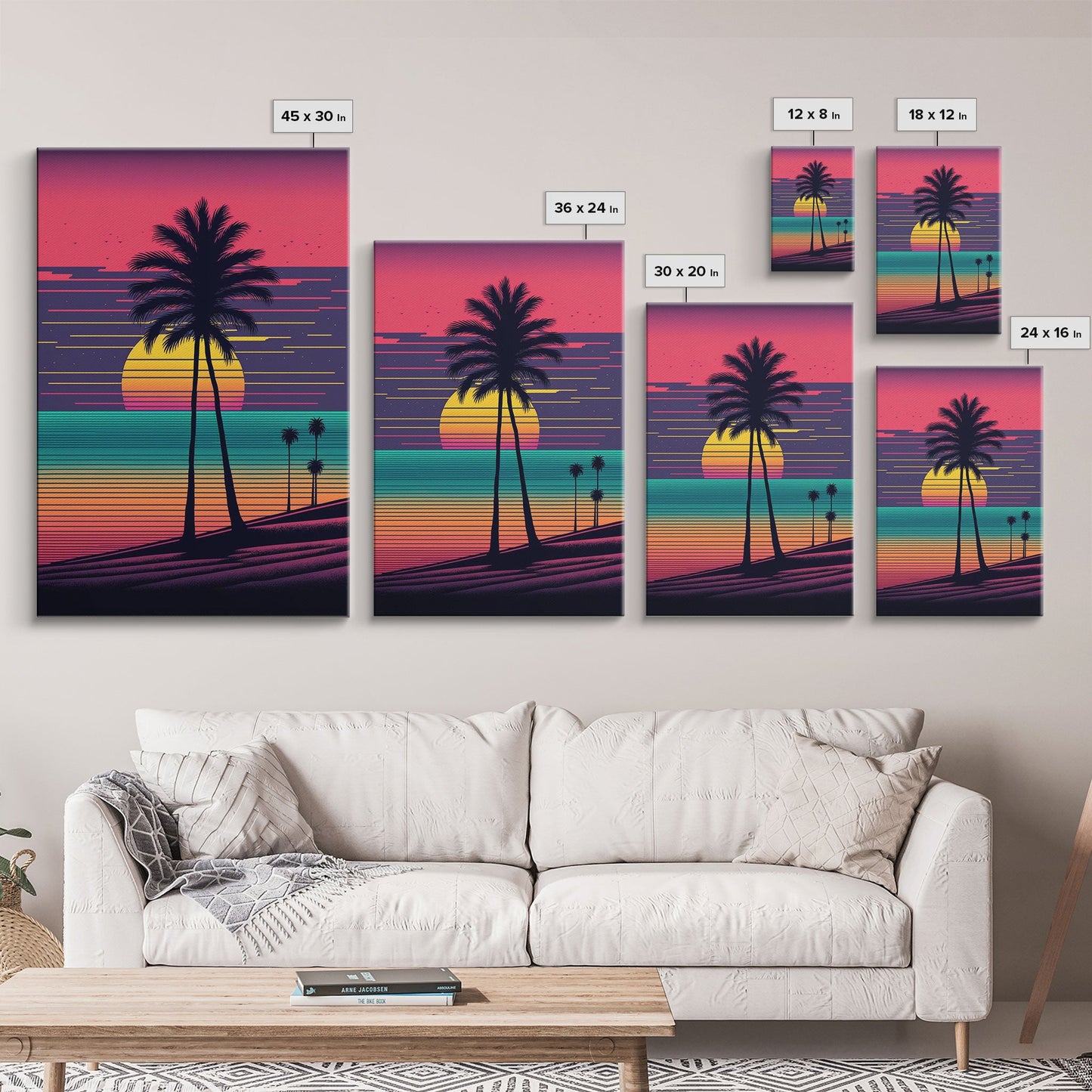 Synthwave Sunset, Retro Office Art, 80s Vibes, Framed Canvas Print, Framed Art, Trendy Wall Hanging