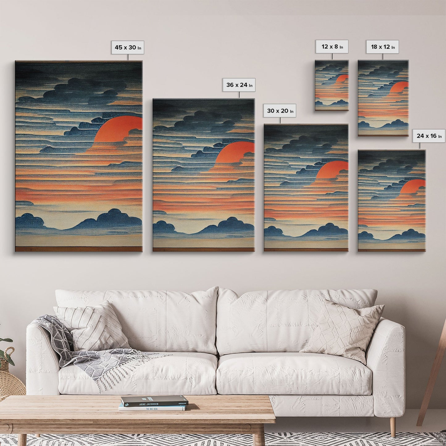 Japanese style wall art, sunrise over the mountains, canvas print, woodblock print style art, Hokusai style wall art