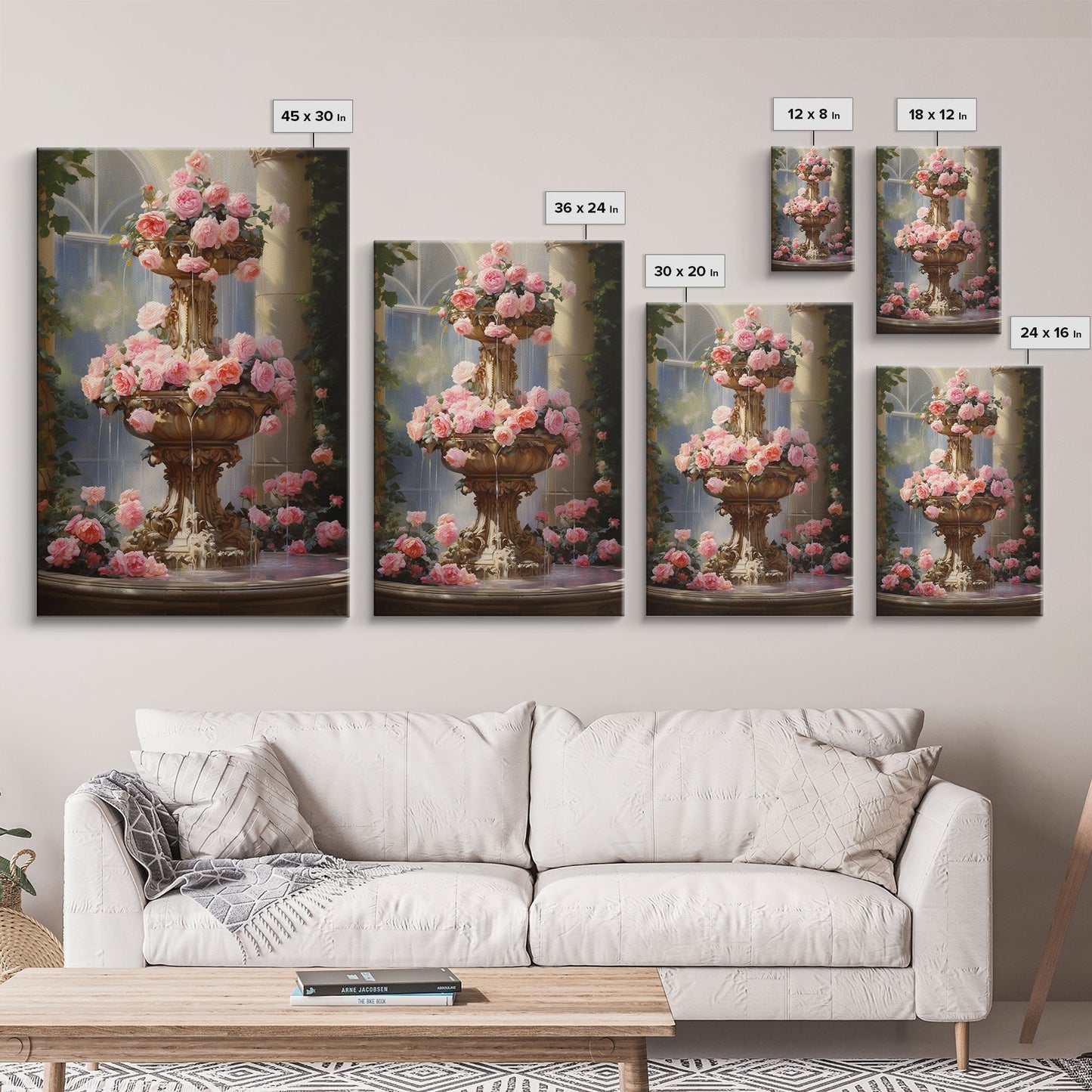 Fountain Wall Print, Pink Roses Wall Art, Flower Art Print, Canvas Print, Wall Art, Vertical Print, Botanical Art, Country Home Decor