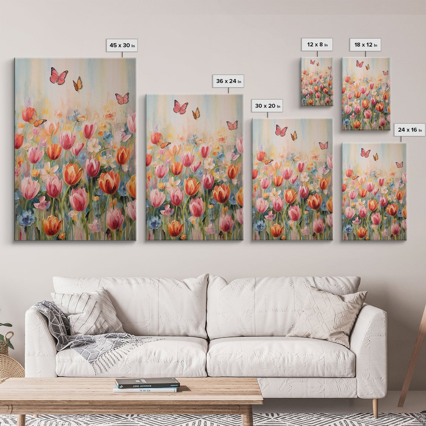 Tulip Field Wall Art, Flower Wall Print, Colorful Art, Butterfly Art, Canvas Print, Wall Art, Vertical Print, Birthday Gift, House Wall Art