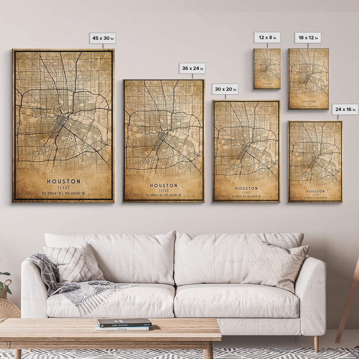 Houston Vintage Map Print, Framed Canvas, Houston Map, Texas Map Art, Houston City Road Map Poster, Vintage Map