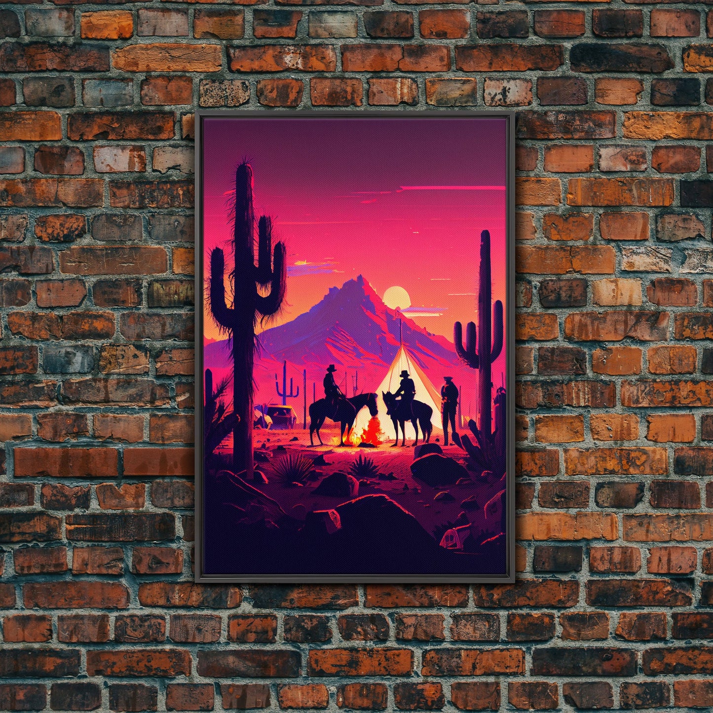Wild West Outlaw decor, camping in the Arizona desert, Cactus art, framed canvas print