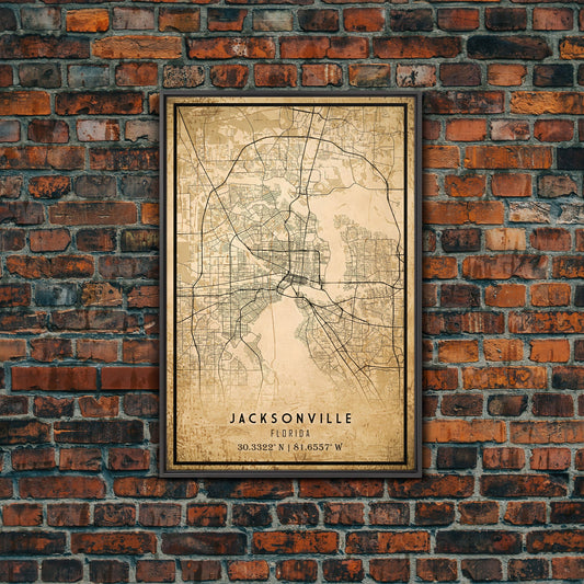 Old Jacksonville City Map Wall Art Canvas Print, Vintage Style Jacksonville Map, Framed Wall Art, Cool Jacksonville Wall Art, Office Decor