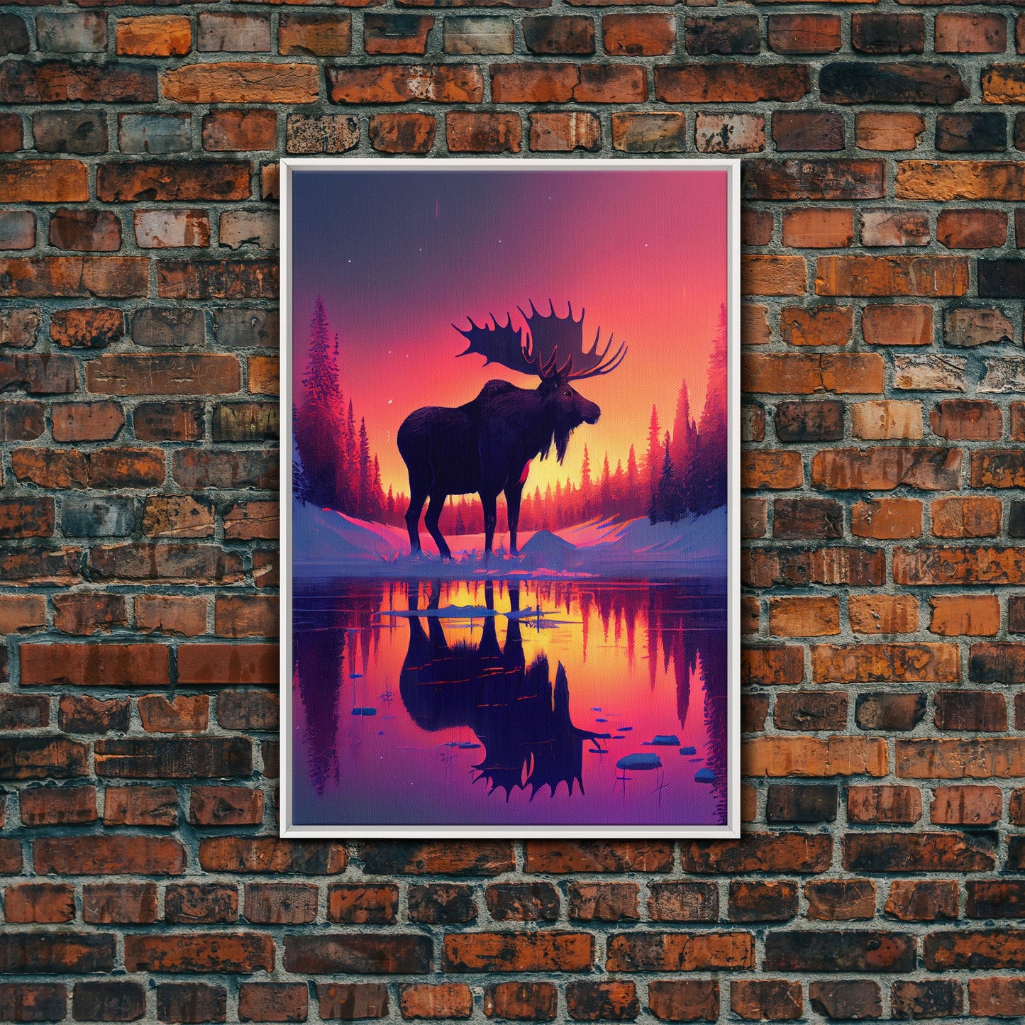Moose of Canada, retrowave inspired Nature art, framed canvas print, cabin art, colorful farmhouse decor