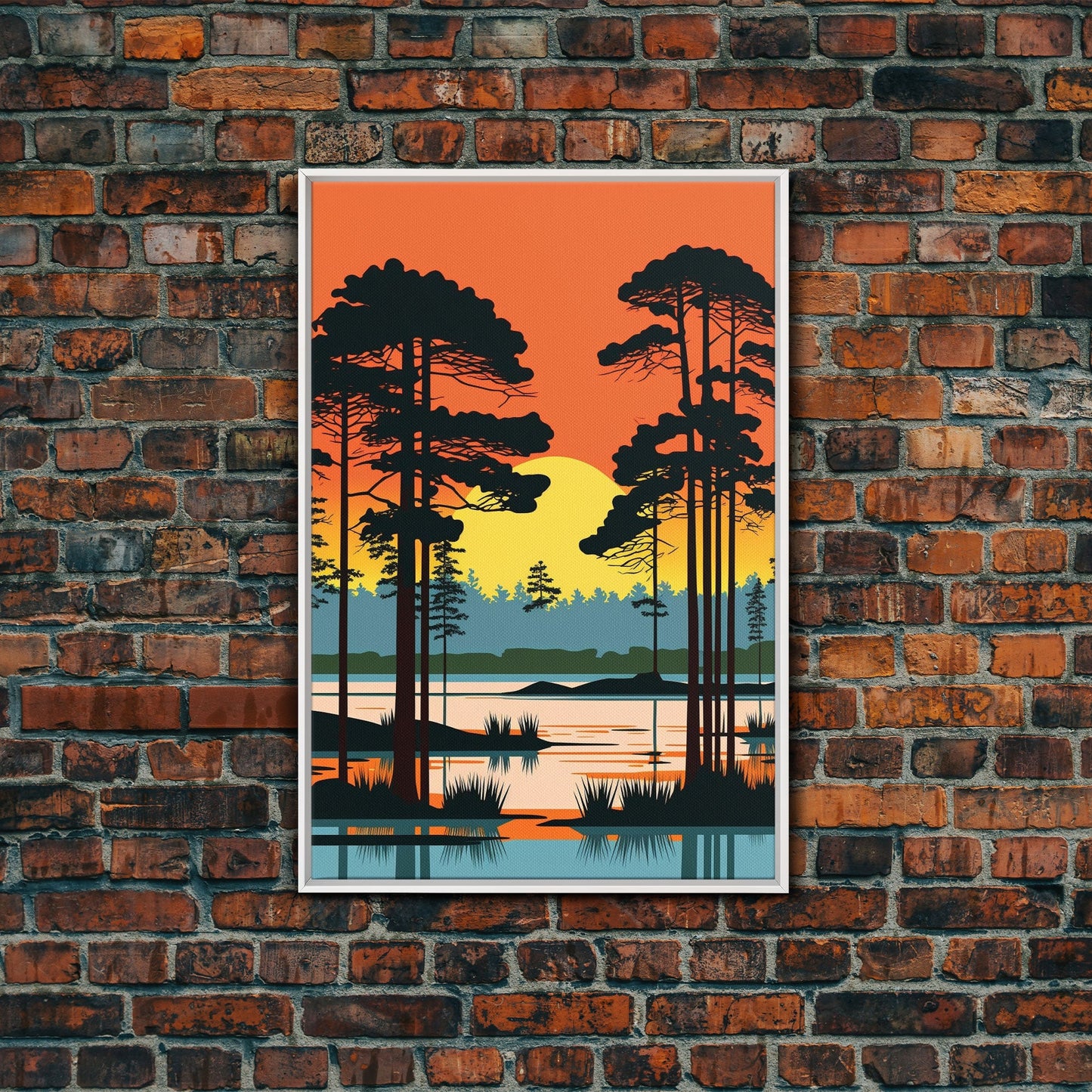 Vintage Style Art, Framed Canvas Prints, Lake and Pine Tree Forest Landscape, Florida Everglades at Sunset