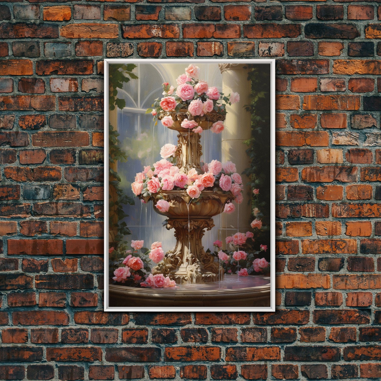 Fountain Wall Print, Pink Roses Wall Art, Flower Art Print, Canvas Print, Wall Art, Vertical Print, Botanical Art, Country Home Decor