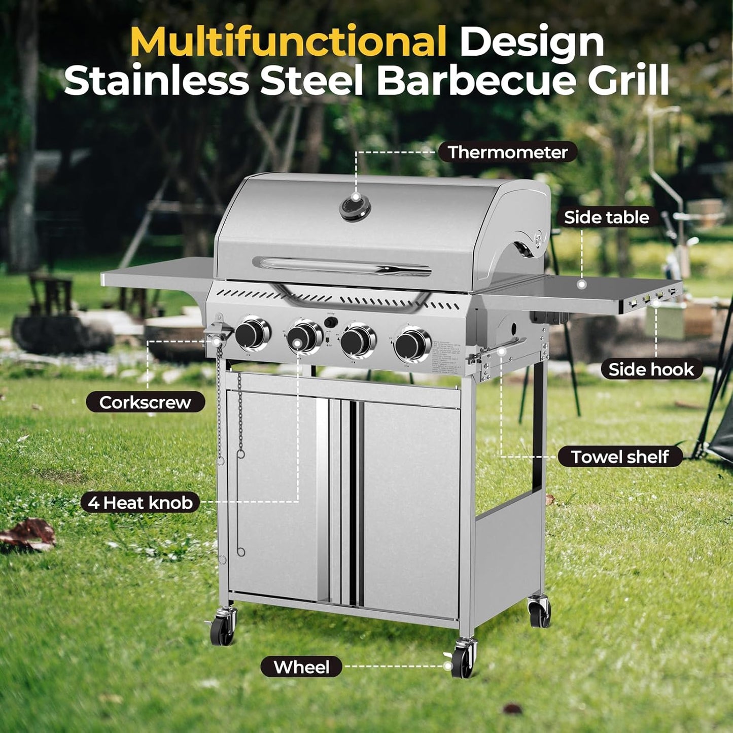 3 & 4-Burner Propane Gas Grills with Side Burners, for Outdoor Cooking, BBQ, Patio, Camping
