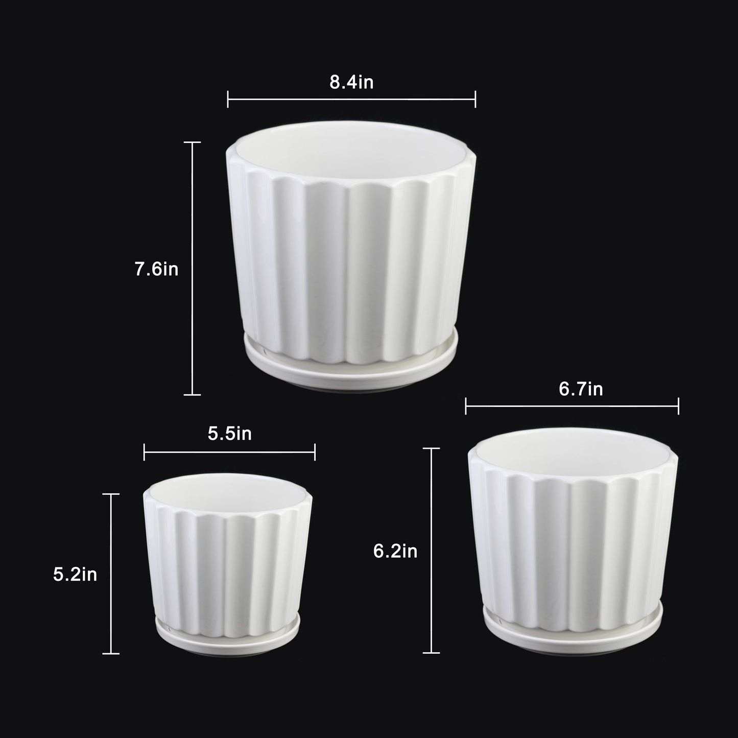 3-Piece White Ceramic Planter Pot Set with Fluted Design & Saucers