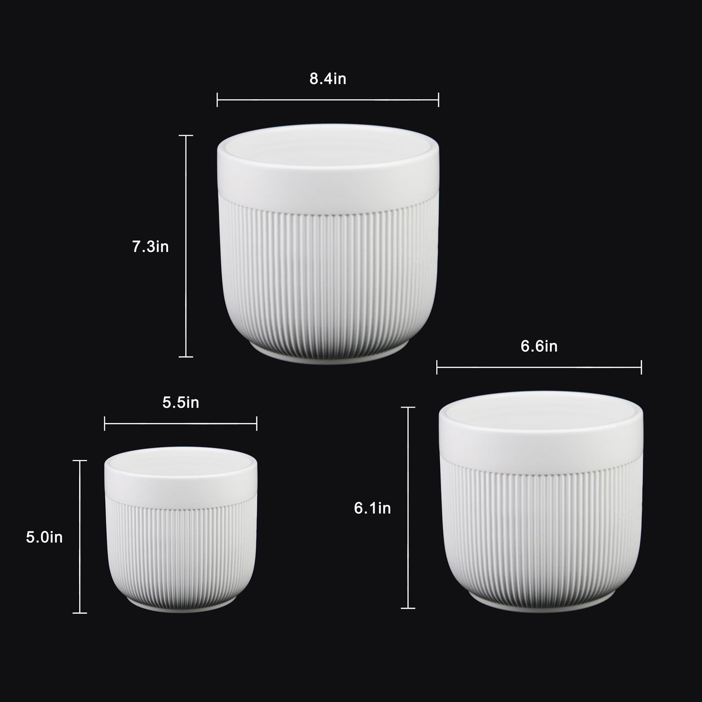 3-Piece White Stoneware Planter Pot Set with Vertical Line Texture