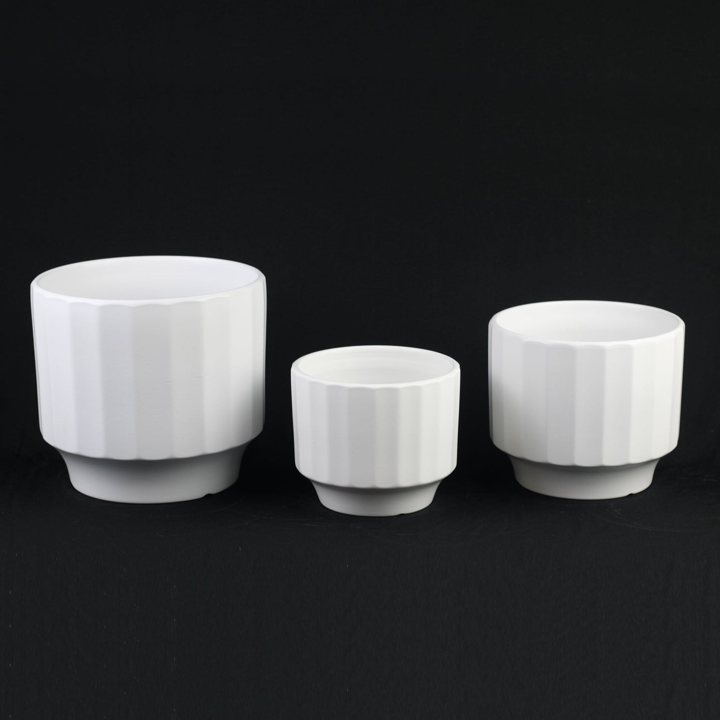 3-Piece White Stoneware Planter Set with Fluted Design