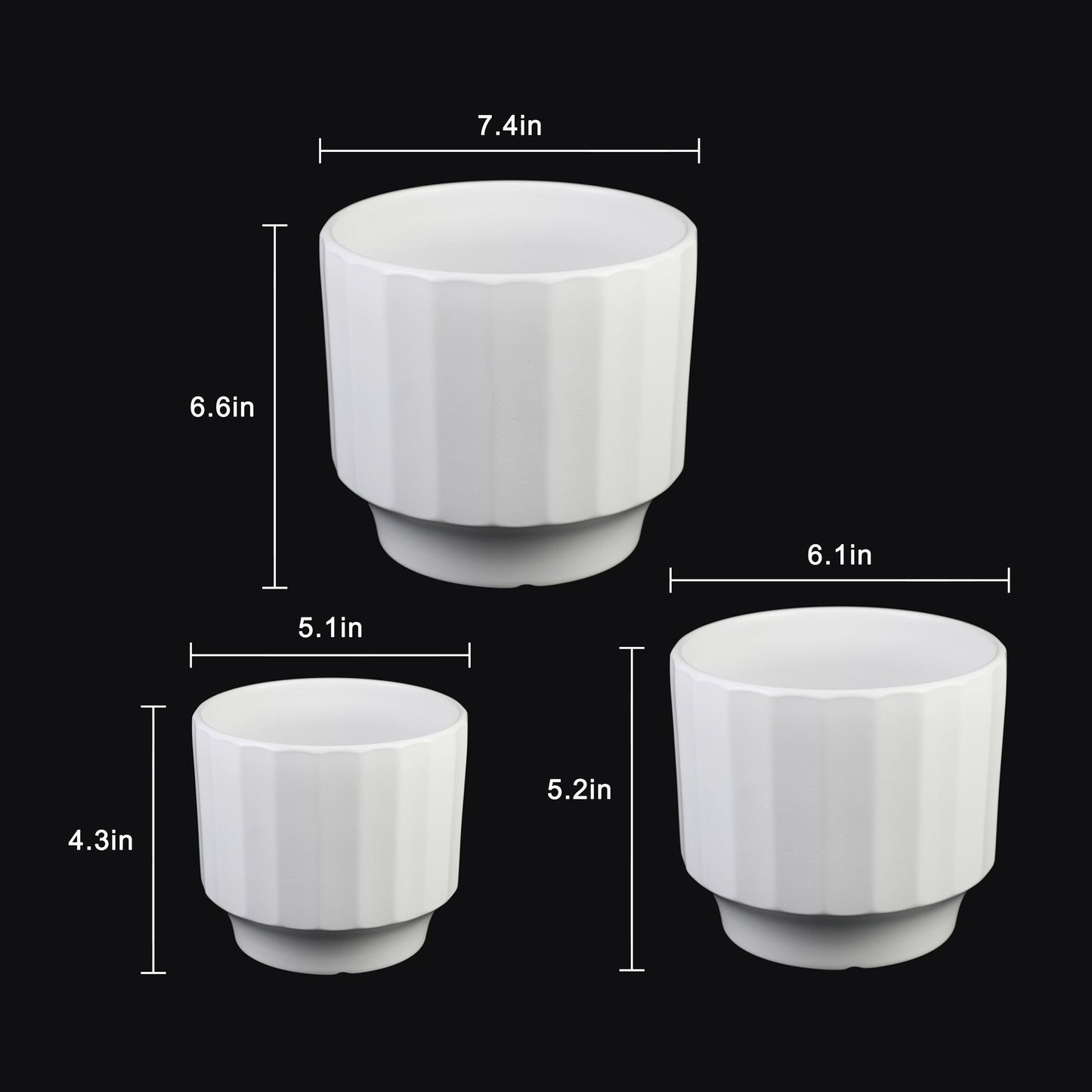 3-Piece White Stoneware Planter Set with Fluted Design