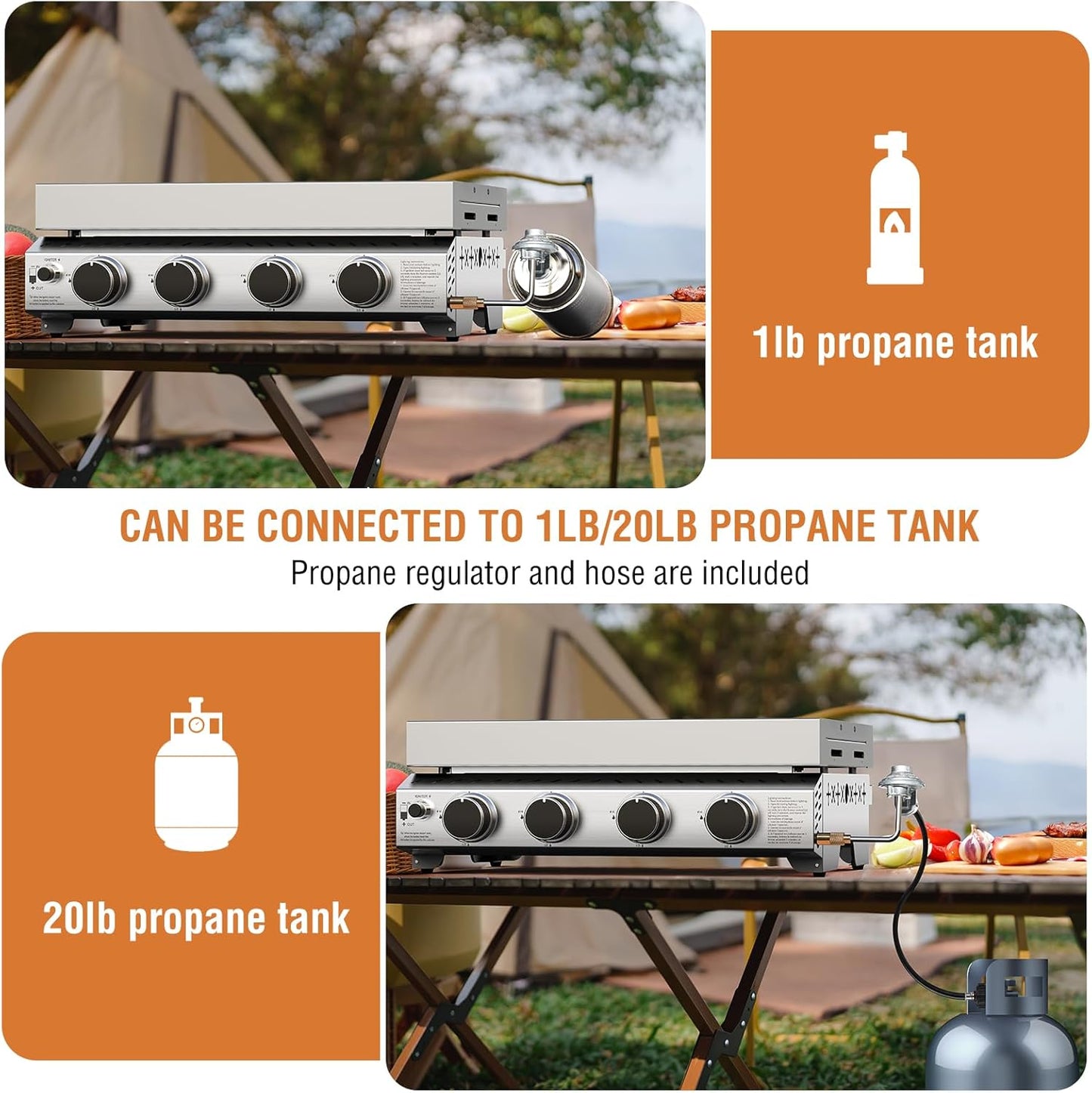 3 Burners Portable Propane Griddle，25 inch Stainless Steel Gas Grill，24,000 BTU Table Top Grill TG0130C