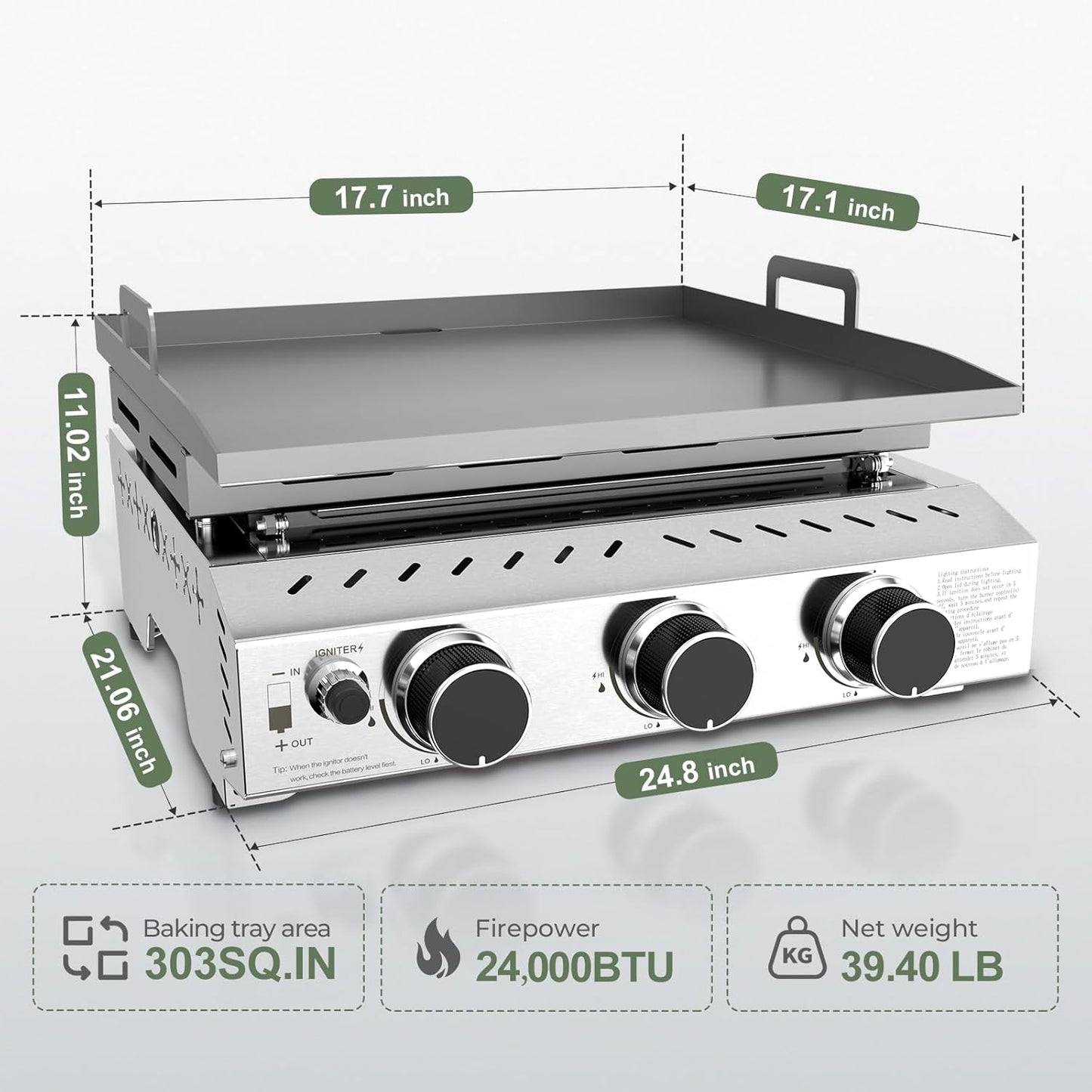 3 Burners Portable Propane Griddle，25 inch Stainless Steel Gas Grill，24,000 BTU Table Top Grill TG0130C
