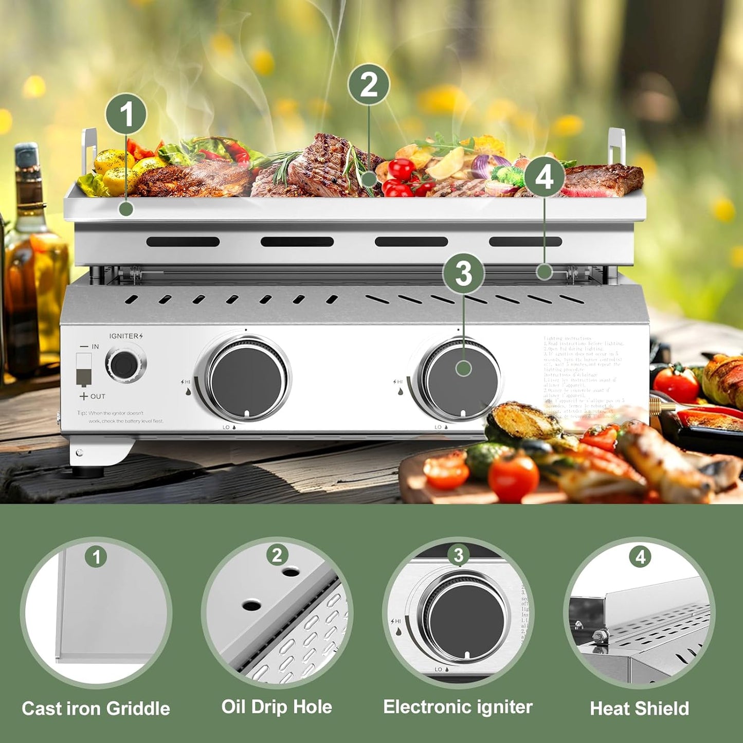 3 Burners Portable Propane Griddle，25 inch Stainless Steel Gas Grill，24,000 BTU Table Top Grill TG0130C