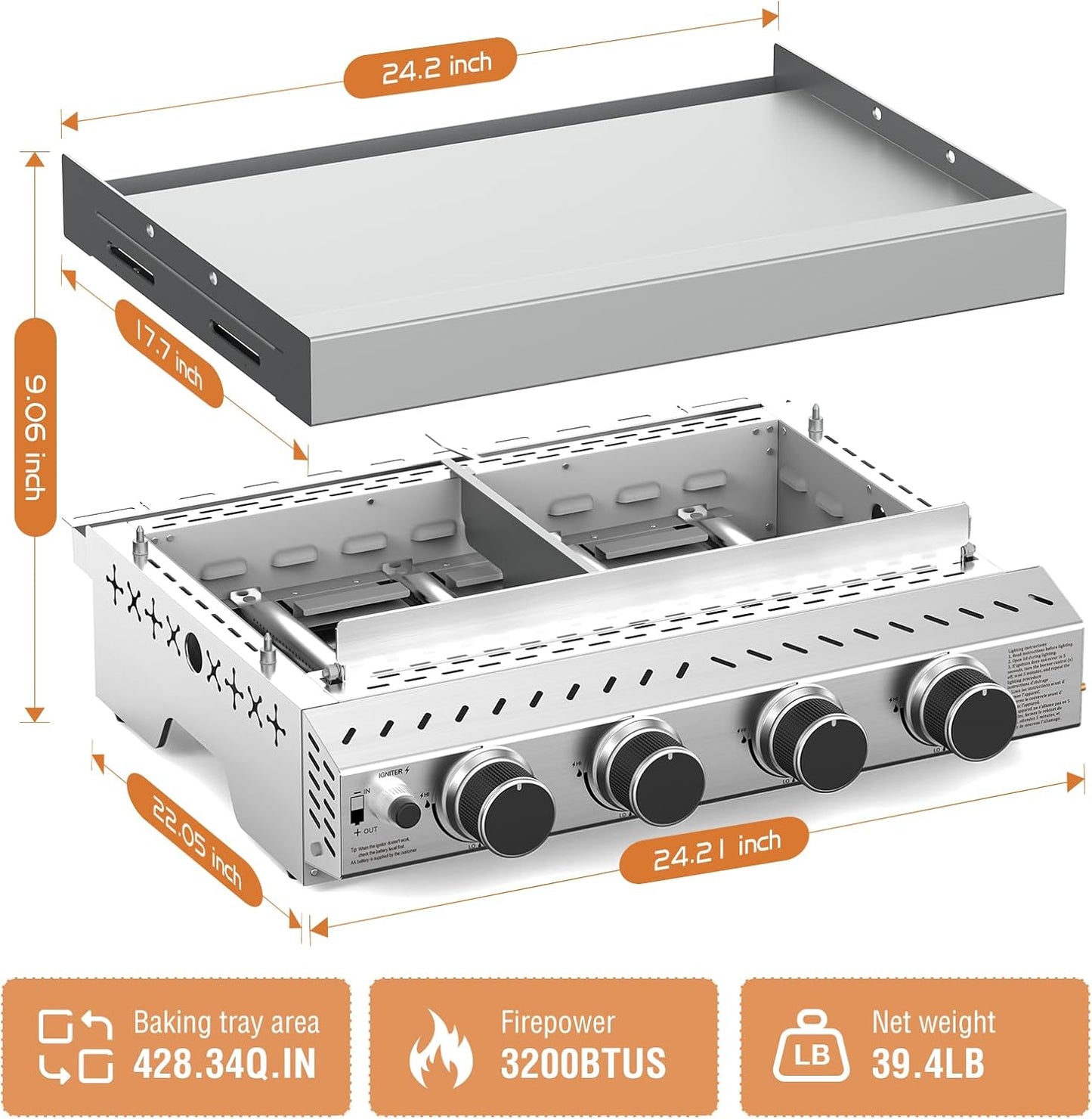 3 Burners Portable Propane Griddle，25 inch Stainless Steel Gas Grill，24,000 BTU Table Top Grill TG0130C