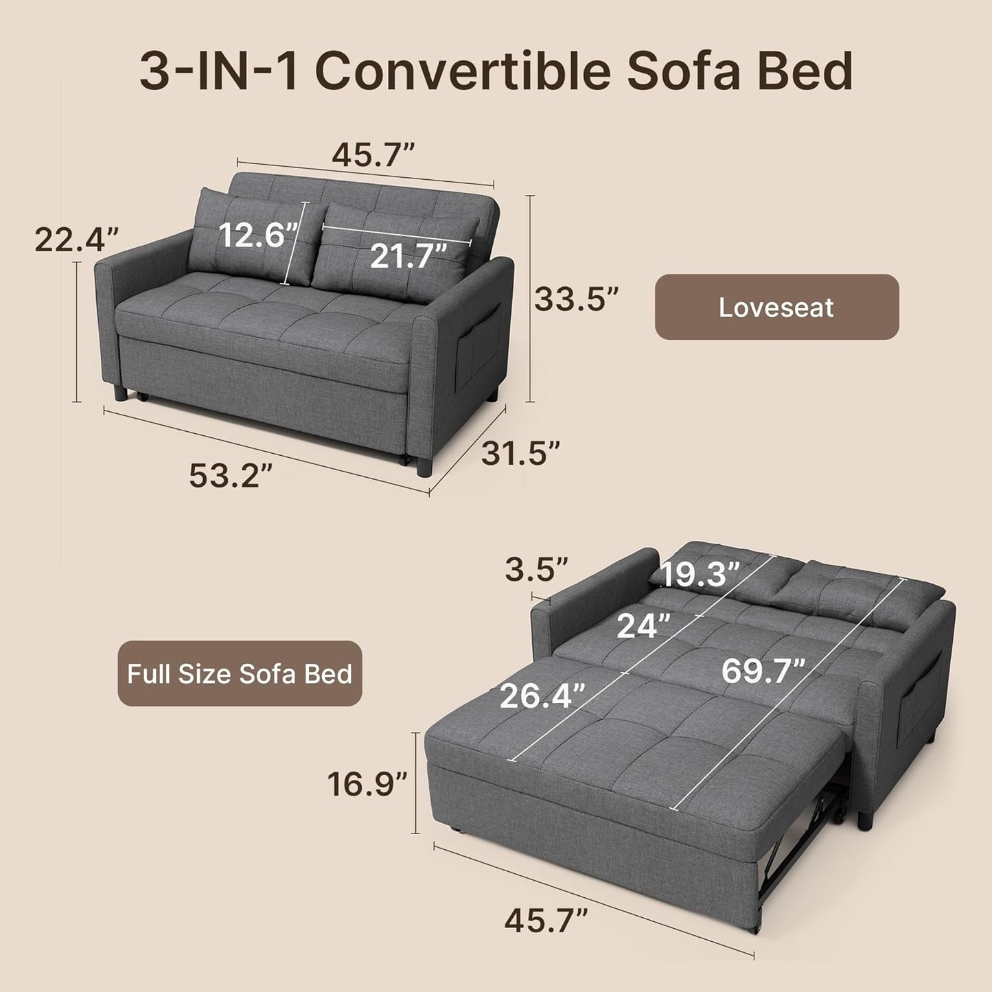 3 In 1 Convertible Sleeper Sofa Bed For Space Saving