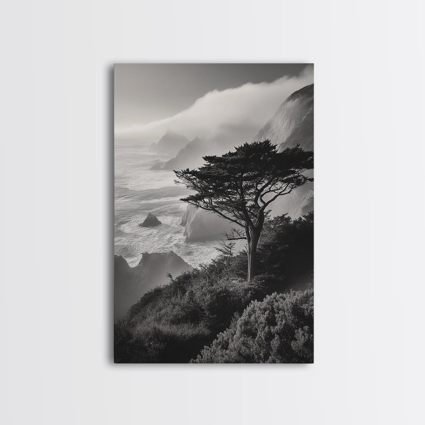Tree On Cliffs, Foggy Coastline, Monochrome Coastal View, Moody Nature Scene, Framed Canvas Print, Bedroom Wall Art, Earthy Minimalist Decor