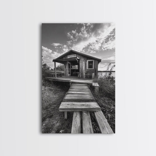 Rustic Cabin, Country Porch, Lakefront Retreat, Weathered Wood, Framed Canvas Print, Farmhouse Decor, Living Room Wall Art, Cozy Vintage Style