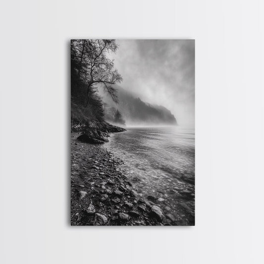 Foggy Coast, Moody Shore, Tranquil Pebbles, Forest Water, Framed Canvas Print, Bathroom Wall Art, Nature Photography Style, Calm Retreat Decor
