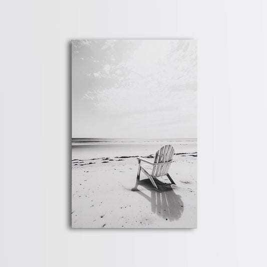 Beach Chair, Coastal Calm, Empty Shoreline, Canvas Print, Minimalist Wall Art, Beach House Decor, Serene Ocean Photography
