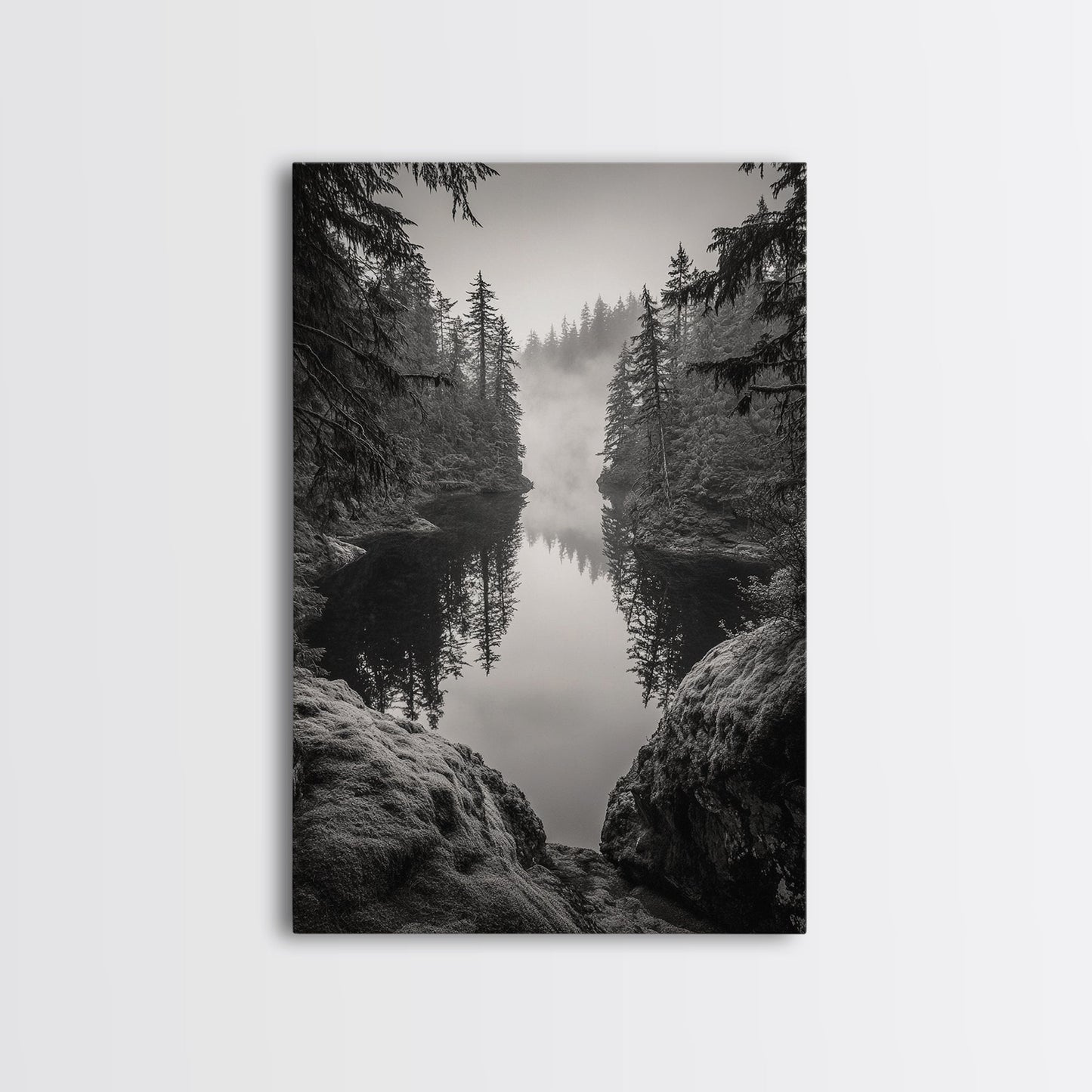 Misty Forest, River Reflection, Foggy Pines, Mountain Silence, Framed Canvas Print, Bedroom Wall Art, Tranquil Nature Photography, Zen Decor