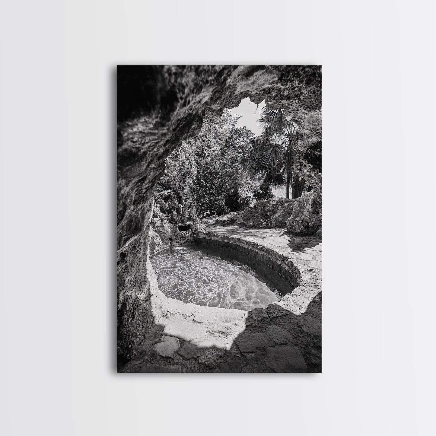 Hidden Pool Grotto, Tropical Oasis, Black and White Photo, Canvas Print, Spa Bathroom Art, Zen Vibes, Modern Nature Wall Decor