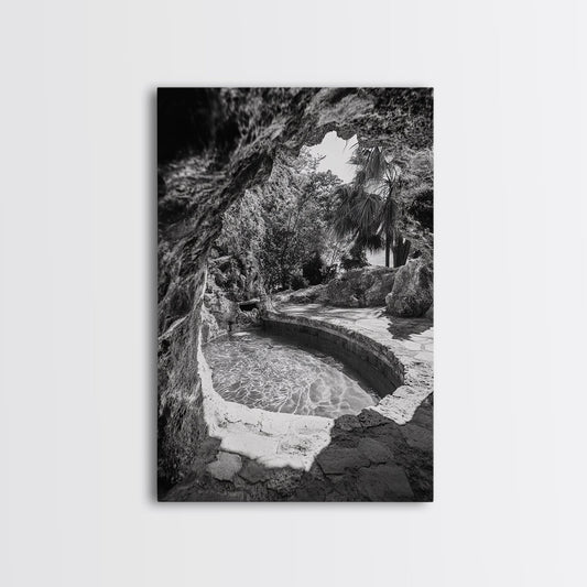 Hidden Pool Grotto, Tropical Oasis, Black and White Photo, Canvas Print, Spa Bathroom Art, Zen Vibes, Modern Nature Wall Decor