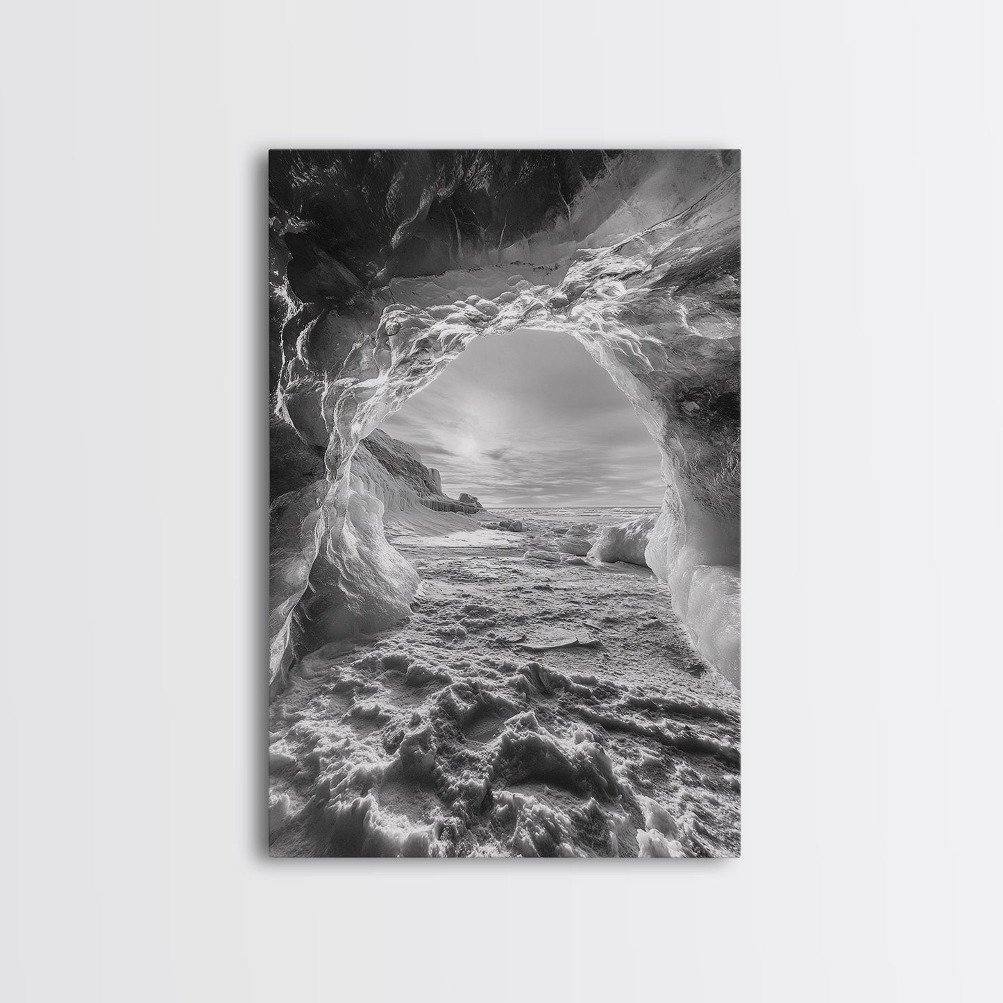 Ice Cave Opening, Winter Wonderland, Arctic Light, Framed Canvas Print, Bedroom Wall Art, Nordic Landscape, Minimalist Winter Art