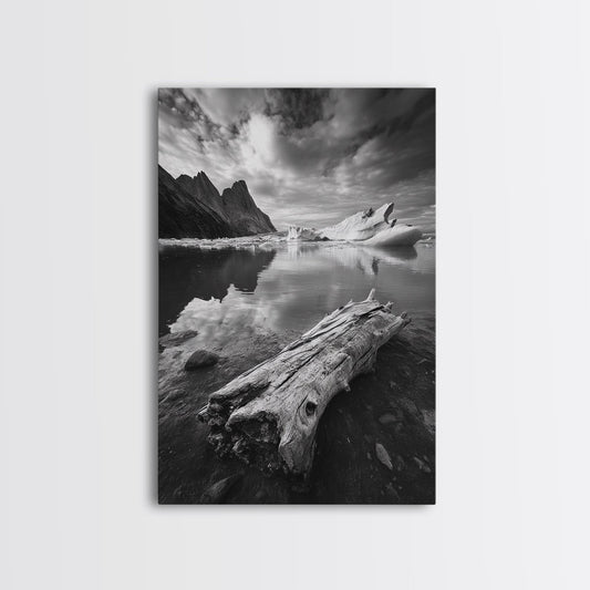 Arctic Driftwood View, Iceberg Horizon, Moody Mountains, Framed Canvas Print, Office Wall Art, Monochrome Nature, Nordic Aesthetic
