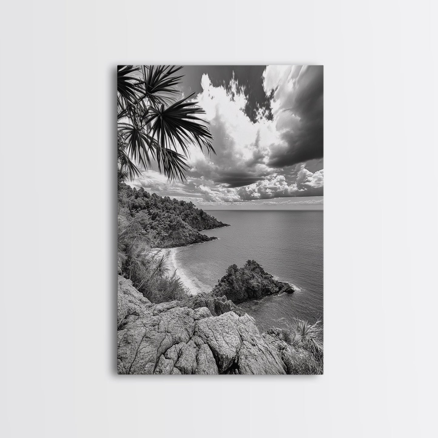 Island View Cliffs, Tropical Shoreline, Black and White Seascape, Framed Canvas Print, Bathroom Art, Travel Decor, Coastal Vibe