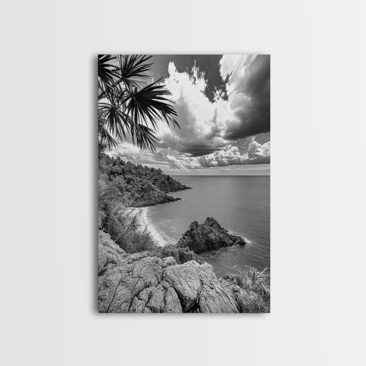 Island View Cliffs, Tropical Shoreline, Black and White Seascape, Framed Canvas Print, Bathroom Art, Travel Decor, Coastal Vibe