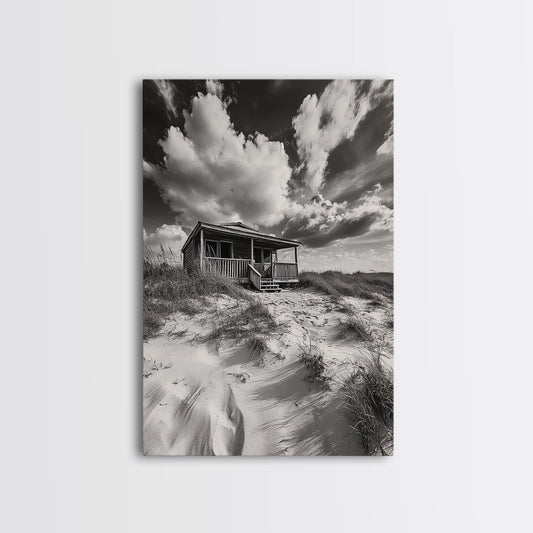 Dune Cottage, Sand Shack, Beachfront Cabin, Framed Canvas Print, Rustic Fall Coastal Wall Art, Relaxed Home Decor, Boho Style