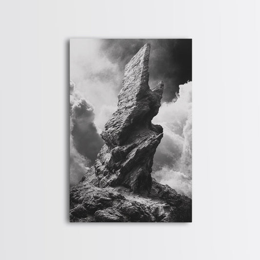 Abstract Rock Tower, Nature Photography, Stormy Sky, Canvas Print, Rustic Decor, Earthy Wall Art, Living Room Art, Moody Landscape Print