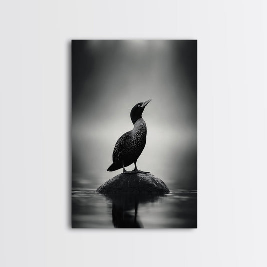Loon on Rock, Morning Mist, Water Bird Focus, Canvas Print, Minimalist Animal Art, Office Decor, Tranquil Lake Scene Wall Art