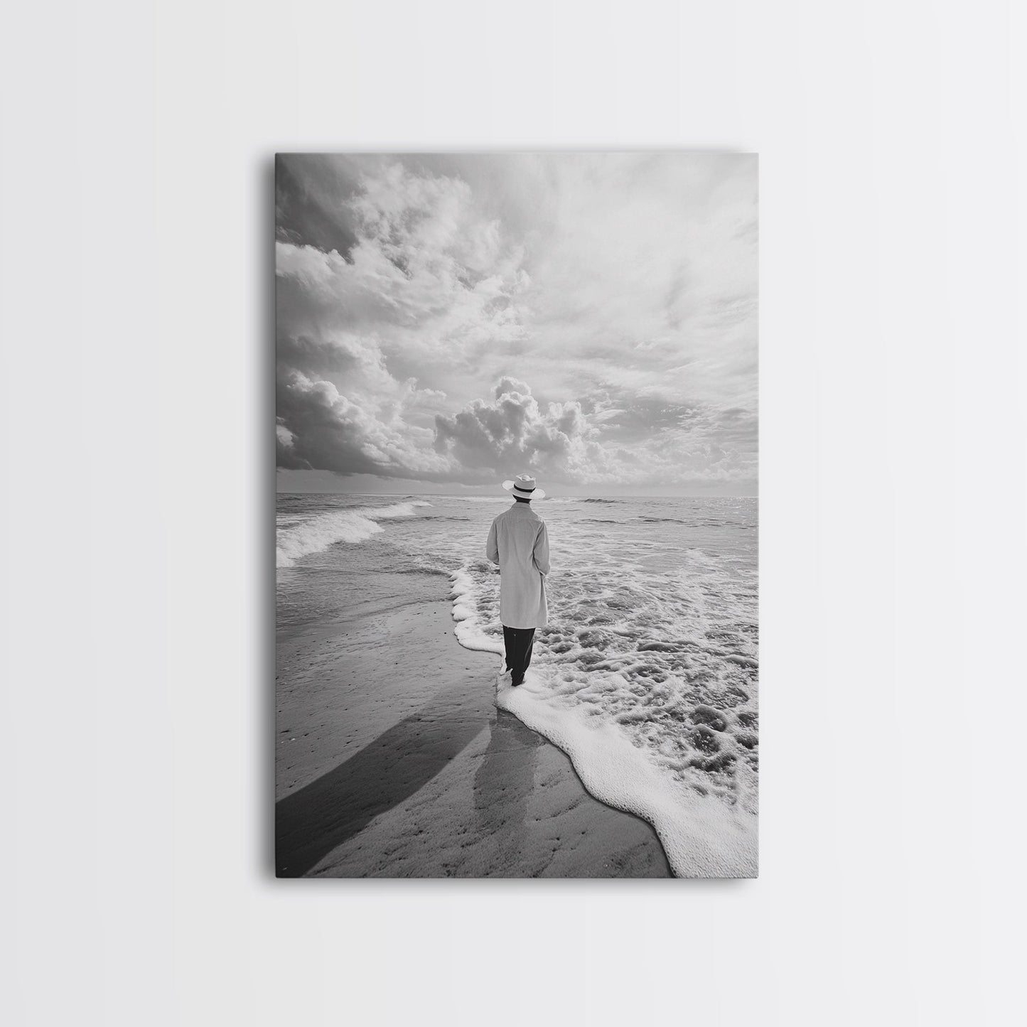 Man On Shore, Thoughtful Walk, Ocean Wanderer, Framed Canvas Print, Minimalist Fall Art, Bedroom Decor, Moody Coastal Scene