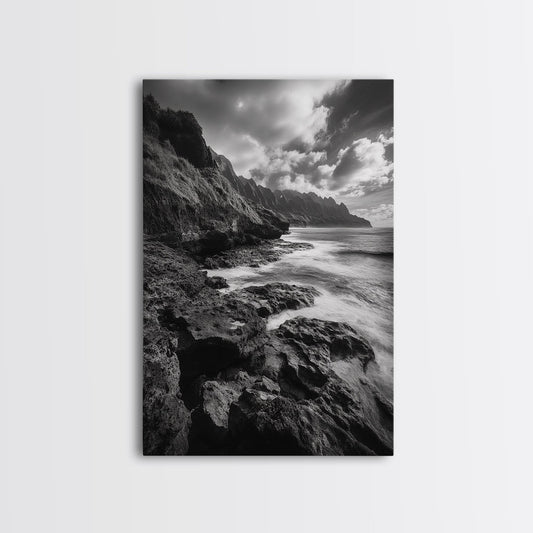 Coastal Cliffs, Ocean Horizon, Wild Waves, Framed Canvas Print, Bathroom Wall Art, Black and White Seascape, Coastal Decor, Moody Art