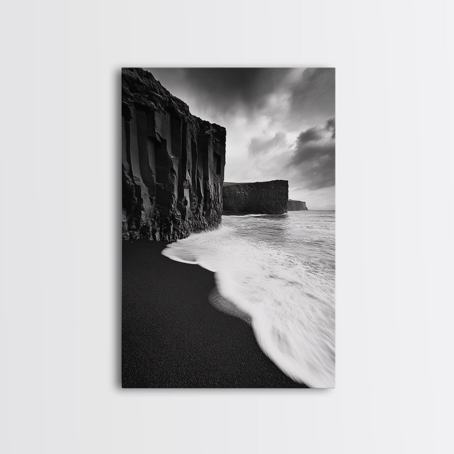 Ocean Cliffs, Black Sand, Moody Coast, Rugged Shoreline, Framed Canvas Print, Icelandic Wall Art, Adventure Decor, Modern Nature Art
