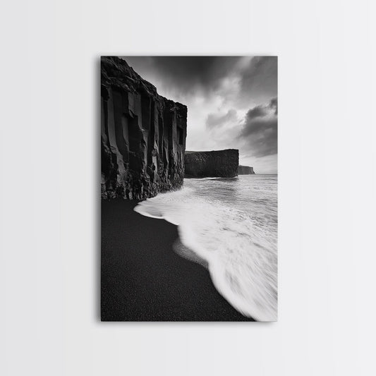 Ocean Cliffs, Black Sand, Moody Coast, Rugged Shoreline, Framed Canvas Print, Icelandic Wall Art, Adventure Decor, Modern Nature Art