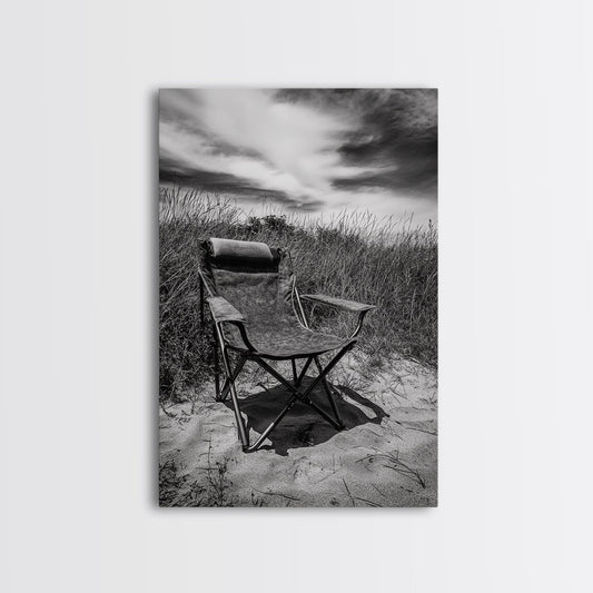Deserted beach chair, quiet coast vibes, windswept scene, peaceful solitude, Canvas Print, hallway decor, rustic retreat outdoor artwork